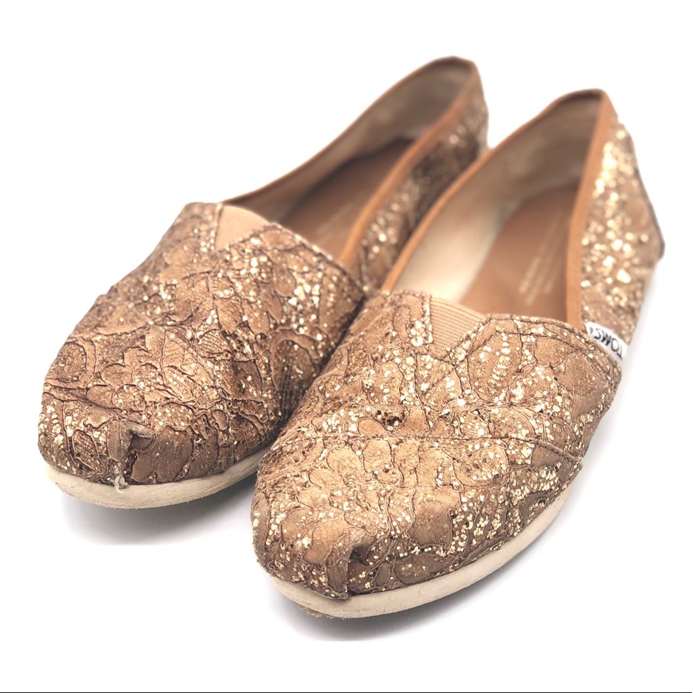 Toms Gold Lace Sequined Slip On Sandals size w7 - Picture 4 of 7